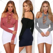 2016 New Sexy Fashion Women Bodycon Stitching Sexy Off Shouder Halter ace-Up Hollow Out Bodysuit Tops Jumpsuit - Black Fansmaded