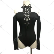 2016 New Sexy Fashion Women Bodycon Stitching Sexy Off Shouder Halter ace-Up Hollow Out Bodysuit Tops Jumpsuit - Black Fansmaded