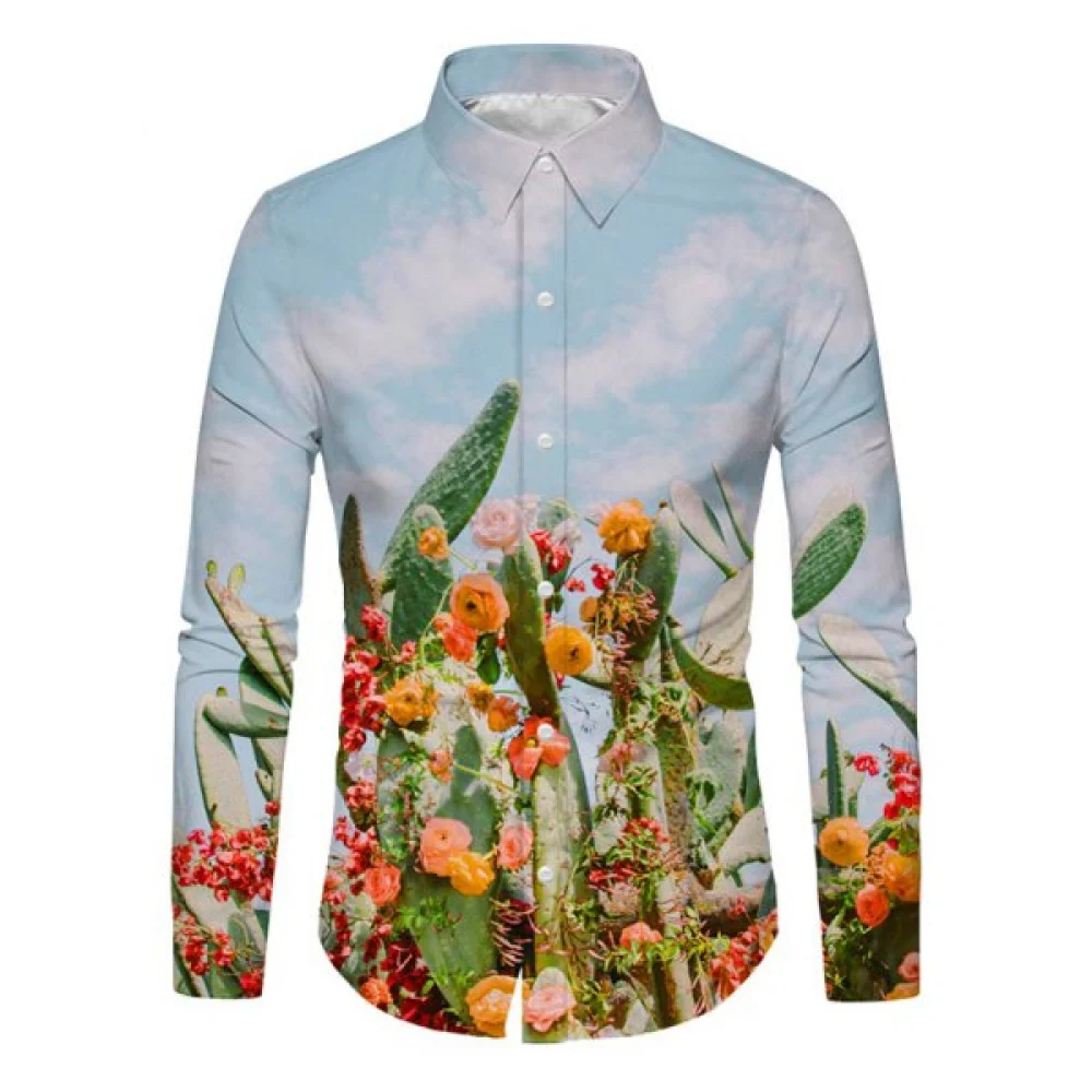 3D Cactus Floral Printed Long leeves hirt - ky Blue Fansmadedirect
