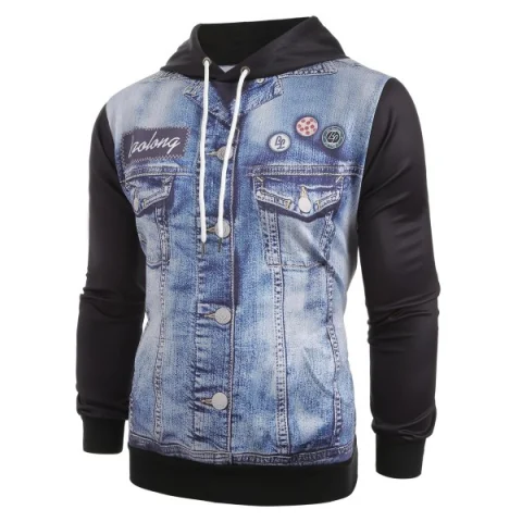 3D Denim Vest Printed Long Sleeve Casual Hoodie - Black Fansmadedirect