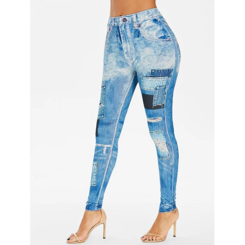 3D Distressed Jean Print Jeggings - Jeans Blue Fansmadedirect