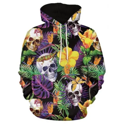 3D Flowers Skull Printed Pullover Hoodie - Dark Orchid Fansmadedirect