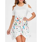 3D Ink Print Asymmetric Dress - White Fansmadedirect