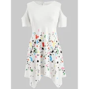3D Ink Print Asymmetric Dress - White Fansmadedirect