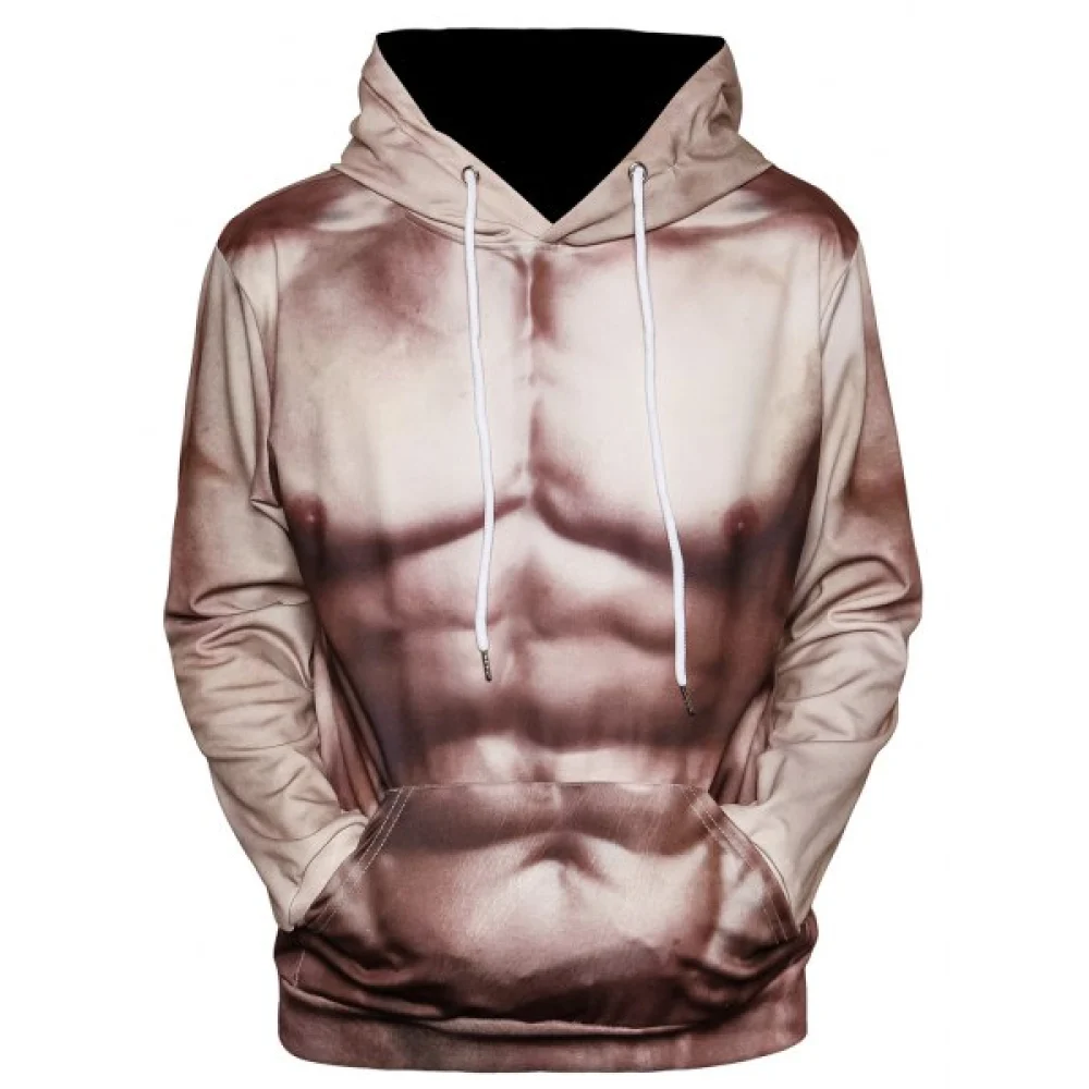 3D Muscle Print Pouch Pocket Funny Hoodie - Warm White Fansmadedirect