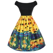 Abstract Print Knee Length Flare Dress - Black Fansmadedirect