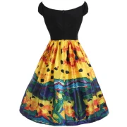 Abstract Print Knee Length Flare Dress - Black Fansmadedirect