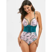 ace Up Floral Print Backless Swimsuit - Pink Fansmadedirect