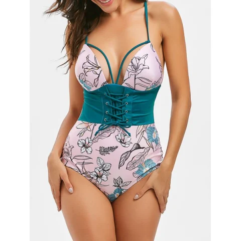ace Up Floral Print Backless Swimsuit - Pink Fansmadedirect
