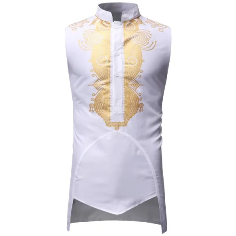 African Gilding Print Sleeveless Shirt - White Fansmadedirect