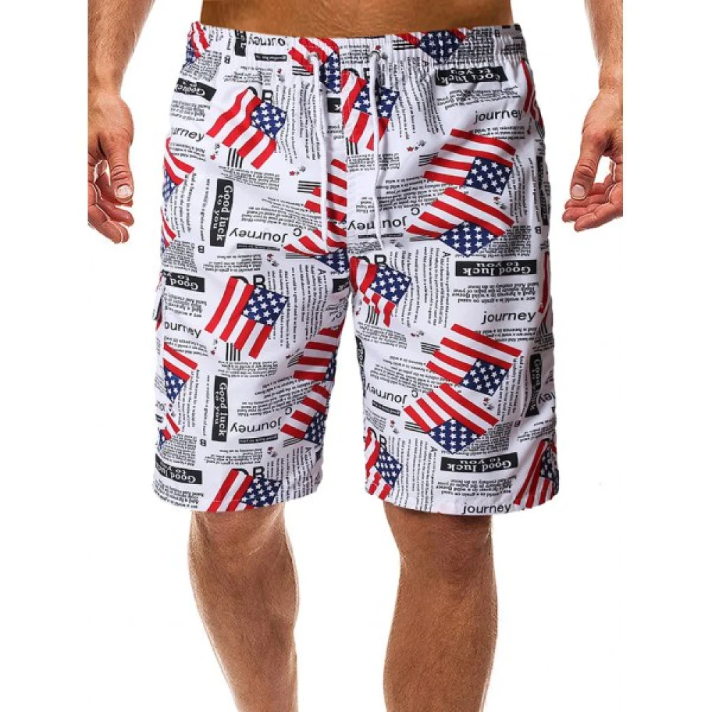 American Flag etters Print Beach Shorts - White Fansmadedirect