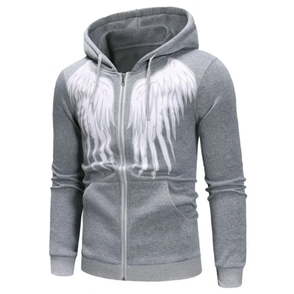 Angel Wings Print Zipper Drawstring Hoodie - Light Gray Fansmadedirect