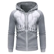 Angel Wings Print Zipper Drawstring Hoodie - Light Gray Fansmadedirect