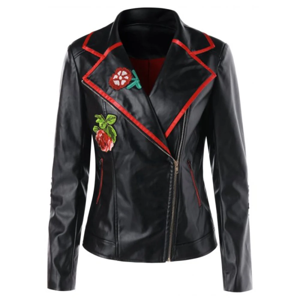 Applique PU Biker Jacket - Black Fansmadedirect