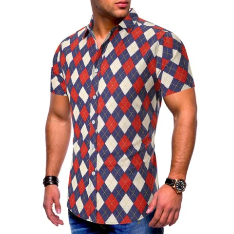 Argyle Pattern Short Sleeves Shirt - Red Fansmadedirect