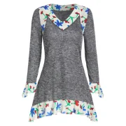 arled Flower Print Ruffle Cuff Long Sleeve Tee - Dark Gray Fansmadedirect