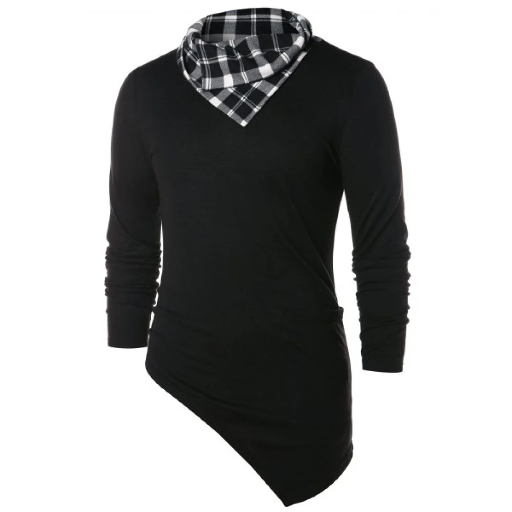 Asymmetric Checked Pattern Pile Heap Collar T-shirt - Black Fansmadedirect