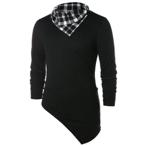 Asymmetric Checked Pattern Pile Heap Collar T-shirt - Black Fansmadedirect