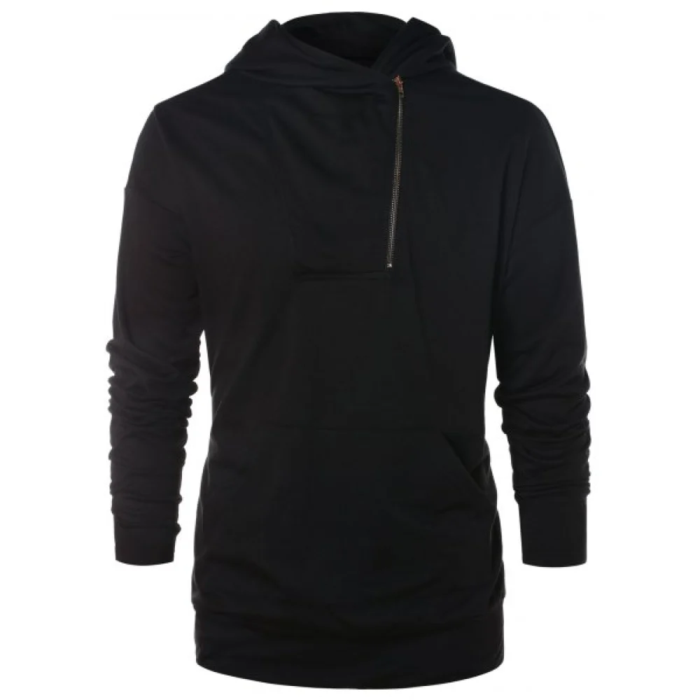 Asymmetric Half Zip Solid Hoodie - Black Fansmadedirect