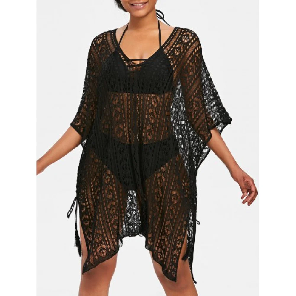 Asymmetric Knitted Tunic Cover Up - Black One Fansmadedirect