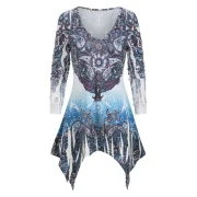 Asymmetric Paisley Print Plunge Long Sleeve Tee - Blue Koi Fansmadedirect