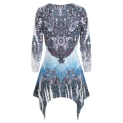 Asymmetric Paisley Print Plunge Long Sleeve Tee - Blue Koi Fansmadedirect