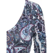 Asymmetric Paisley Print Plunge Long Sleeve Tee - Blue Koi Fansmadedirect