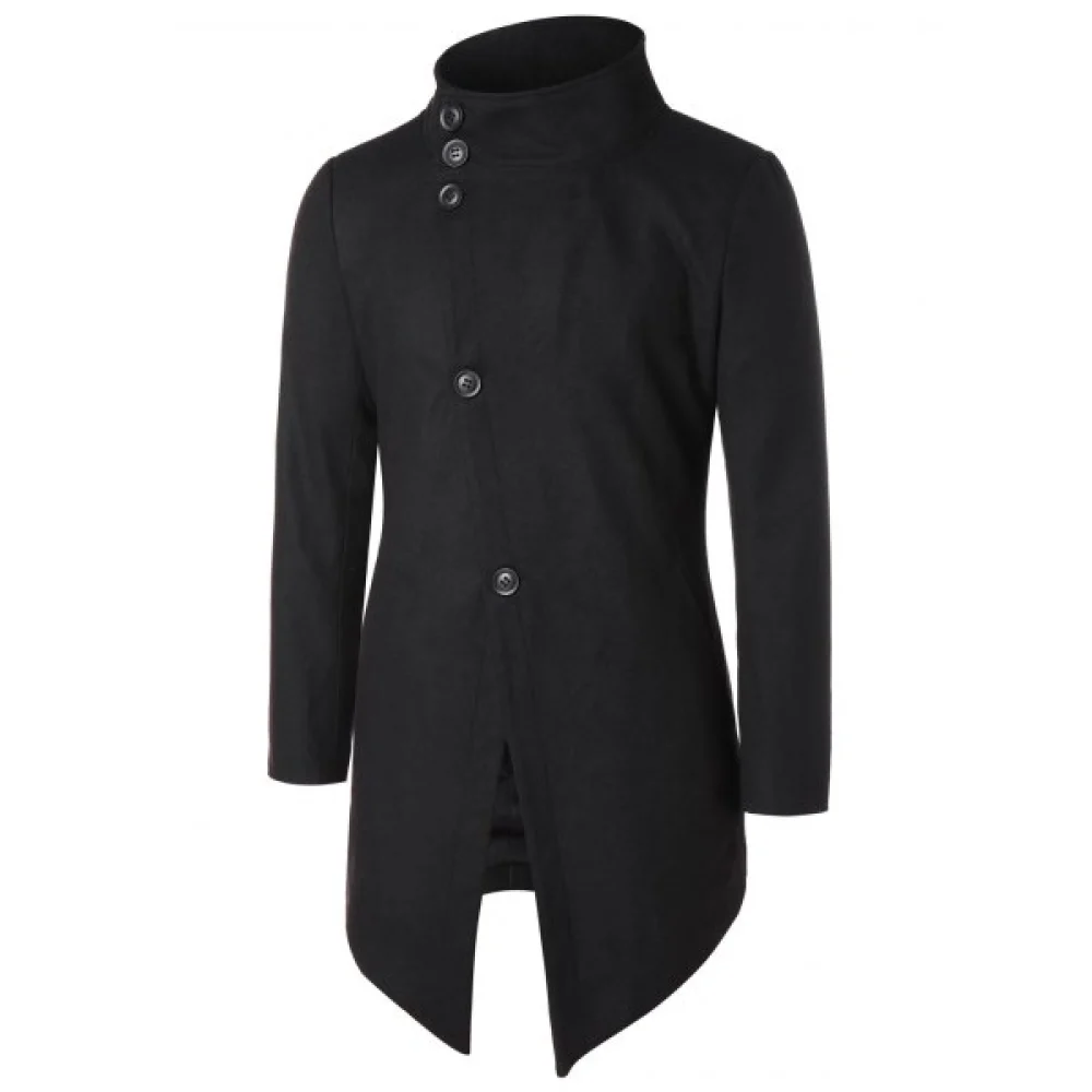 Asymmetric Stand Collar Button Up Coat - Black Fansmadedirect