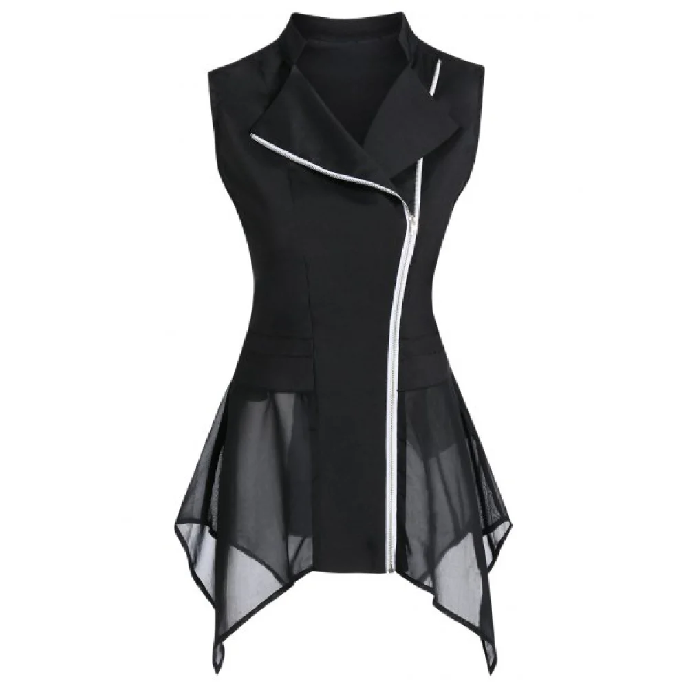 Asymmetric Zip Up Tie Back Chiffon Insert Vest - Black Fansmadedirect