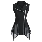 Asymmetric Zip Up Tie Back Chiffon Insert Vest - Black Fansmadedirect
