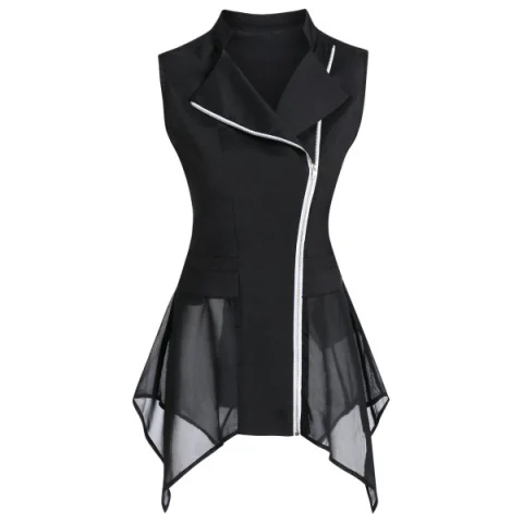 Asymmetric Zip Up Tie Back Chiffon Insert Vest - Black Fansmadedirect