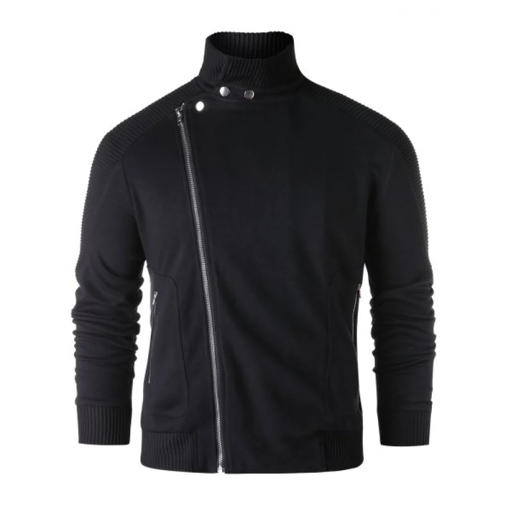 Asymmetric Zipper Stand Collar Jacket - Black Fansmadedirect