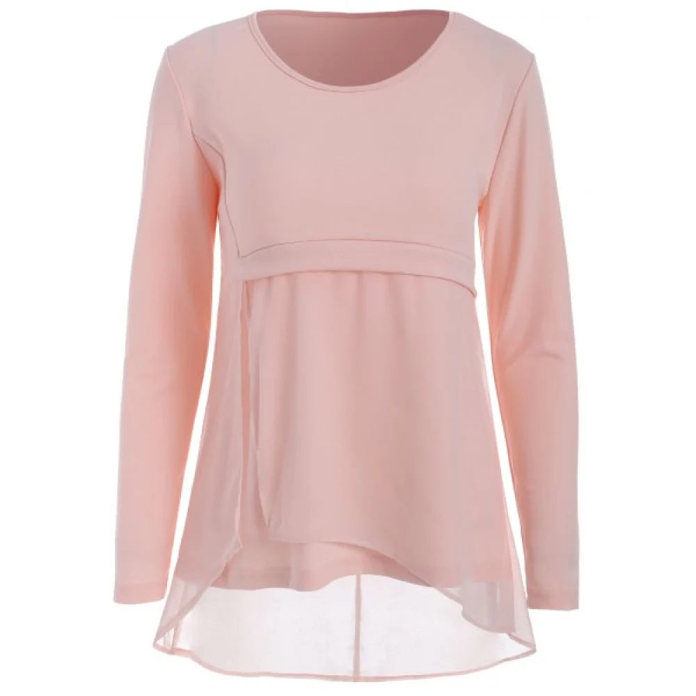 Asymmetrical Chiffon Panel T-shirt - Pink Fansmadedirect