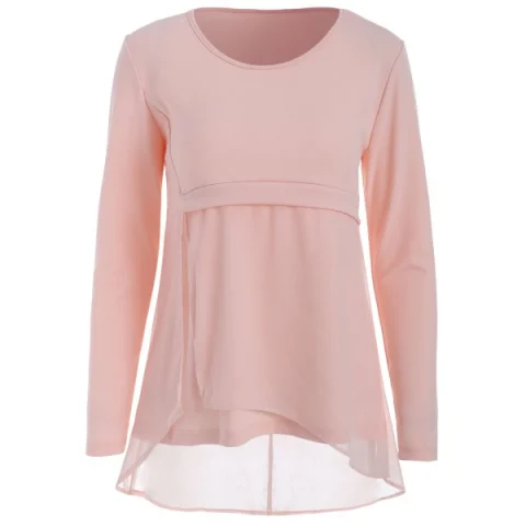 Asymmetrical Chiffon Panel T-shirt - Pink Fansmadedirect