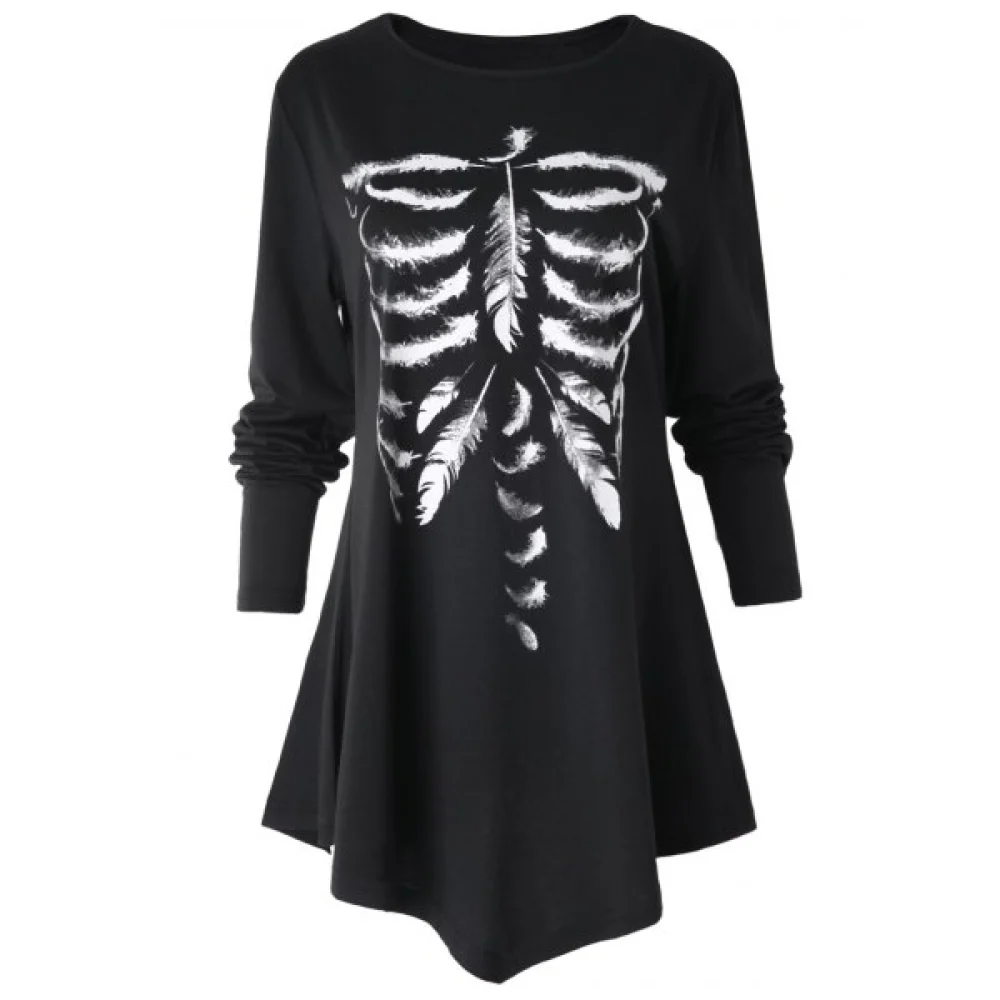 Asymmetrical Feather keleton Print T-shirt - Black Fansmadedirect