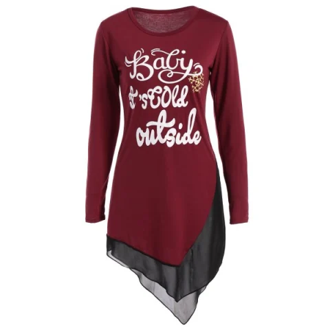 Asymmetrical Graphic Layered Longline Tee - Wine Red Fansmadedirect