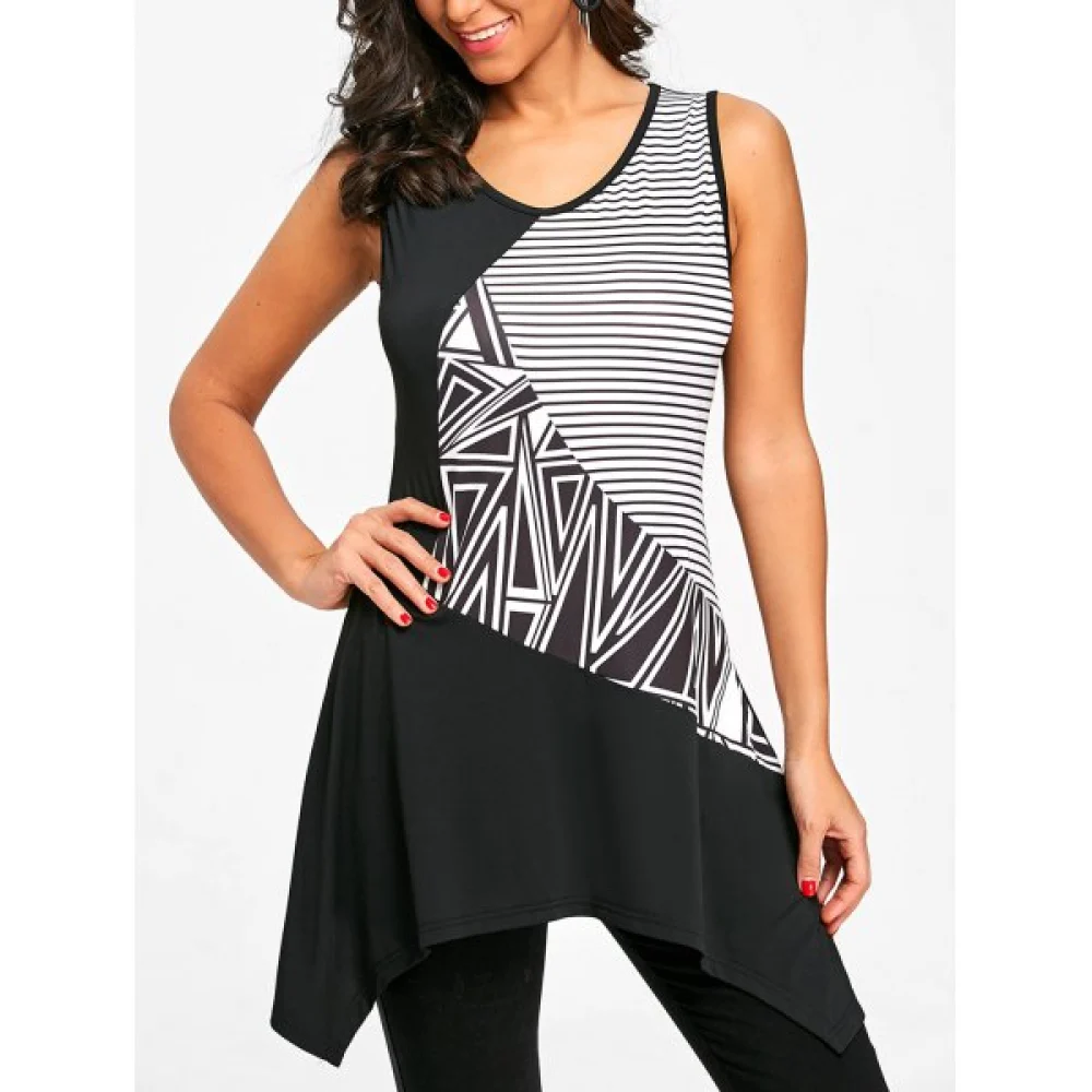 Asymmetrical leeveless Geometric T-shirt - White And Black Fansmadedirect