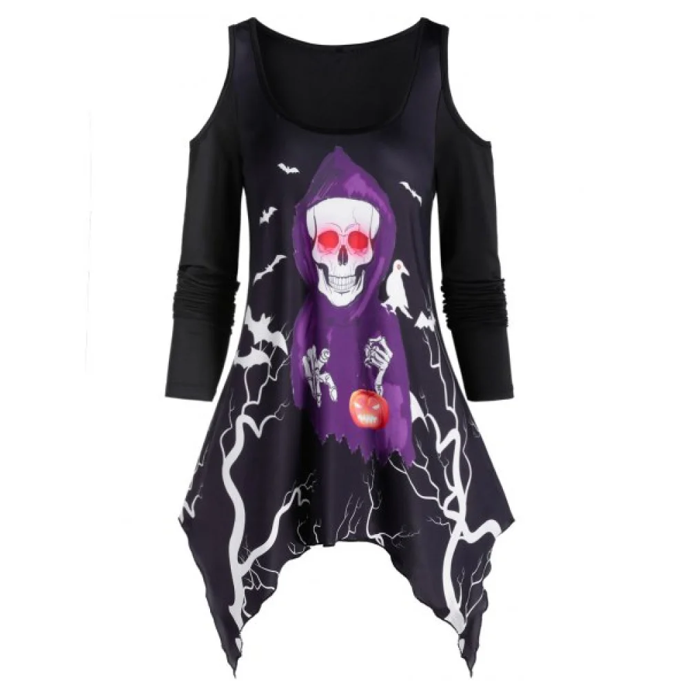 Asymmetrical Open Shoulder Skull Print T Shirt - Black Fansmadedirect
