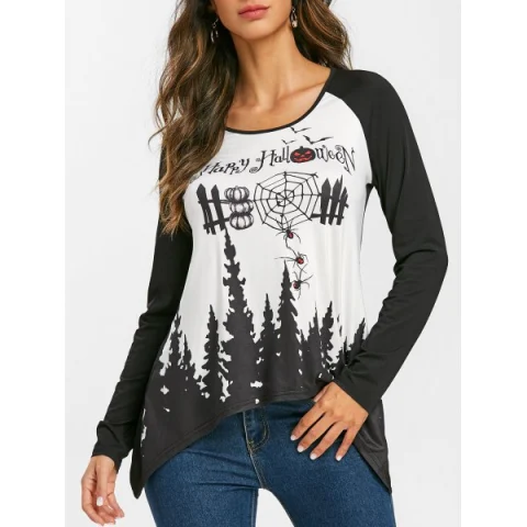 Asymmetrical Printed Halloween T-shirt - Black Fansmadedirect