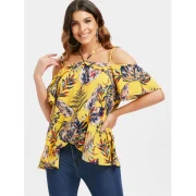 Asymmetrical Tropical Print Blouse - Yellow Fansmadedirect