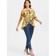 Asymmetrical Tropical Print Blouse - Yellow Fansmadedirect