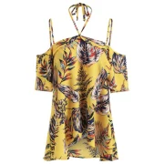 Asymmetrical Tropical Print Blouse - Yellow Fansmadedirect