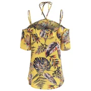 Asymmetrical Tropical Print Blouse - Yellow Fansmadedirect