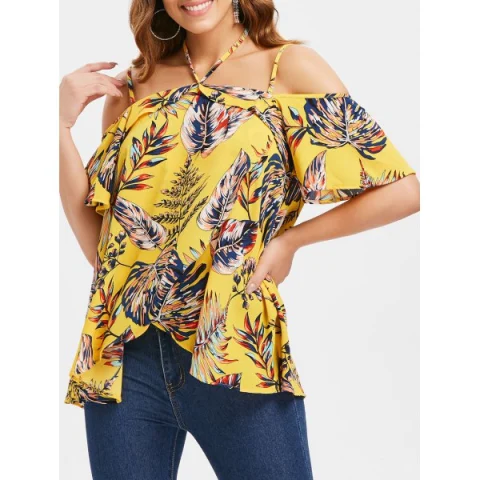 Asymmetrical Tropical Print Blouse - Yellow Fansmadedirect