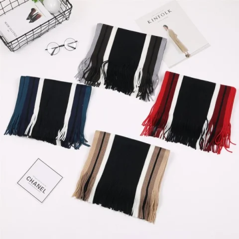 Autumn And Winter Striped Wool Men Scarf Thickening Warm Tide Boys Collar - Black Fansmadedirect