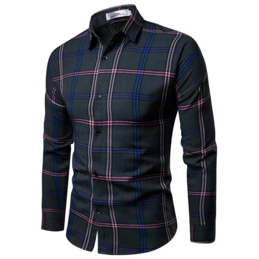 Autumn en Slim Long-sleeved Korean Plaid Fashion Casual Shirt - Dark Green Fansmadedirect