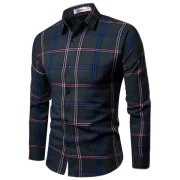Autumn en Slim Long-sleeved Korean Plaid Fashion Casual Shirt - Dark Green Fansmadedirect