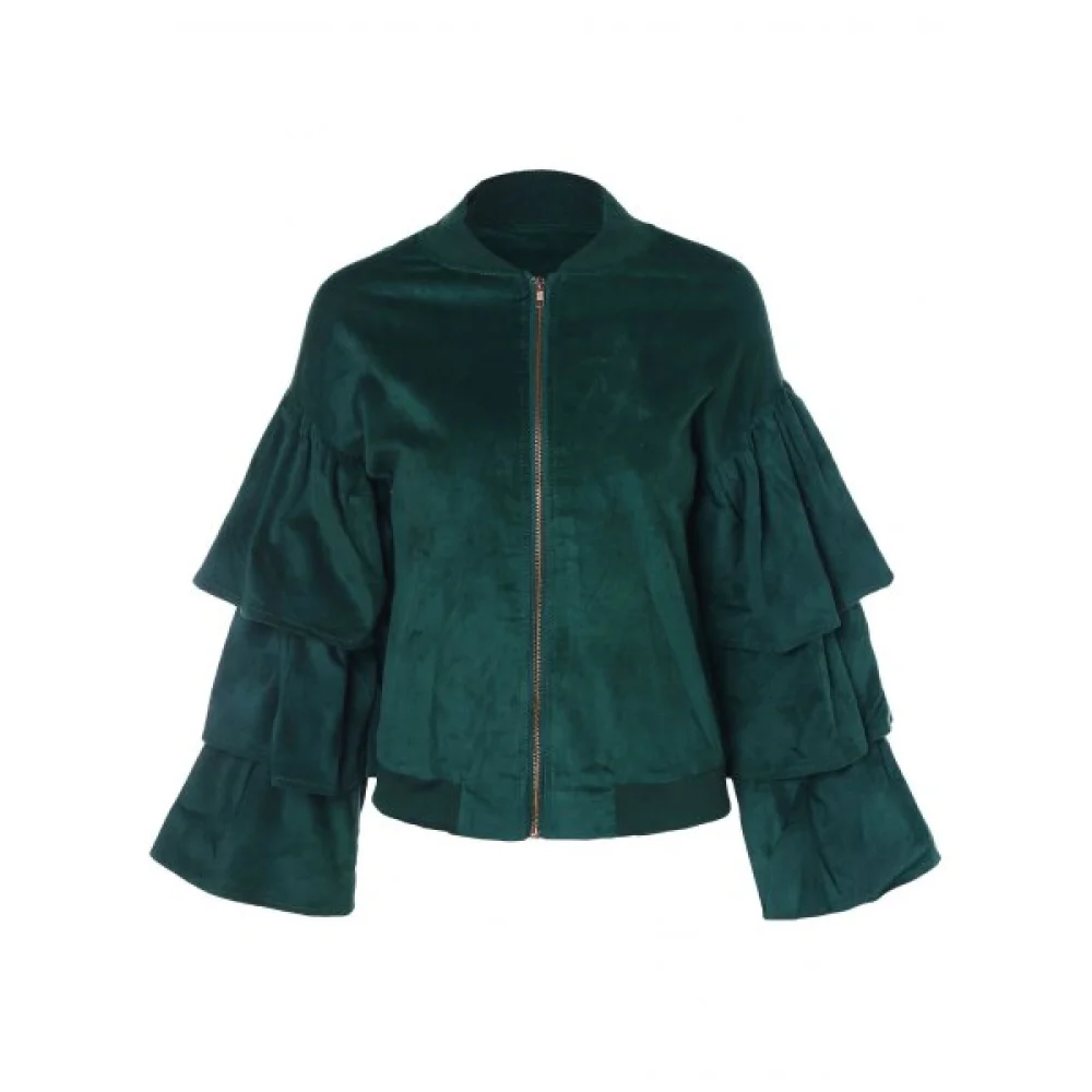 ayered Ruffles Zip Up Faux Suede Jacket - Dark Green Fansmadedirect
