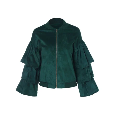 ayered Ruffles Zip Up Faux Suede Jacket - Dark Green Fansmadedirect