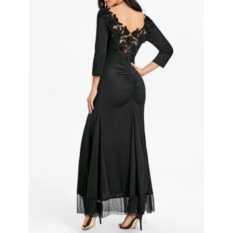 Backless Back Ruched Lace Dress - Black Fansmadedirect